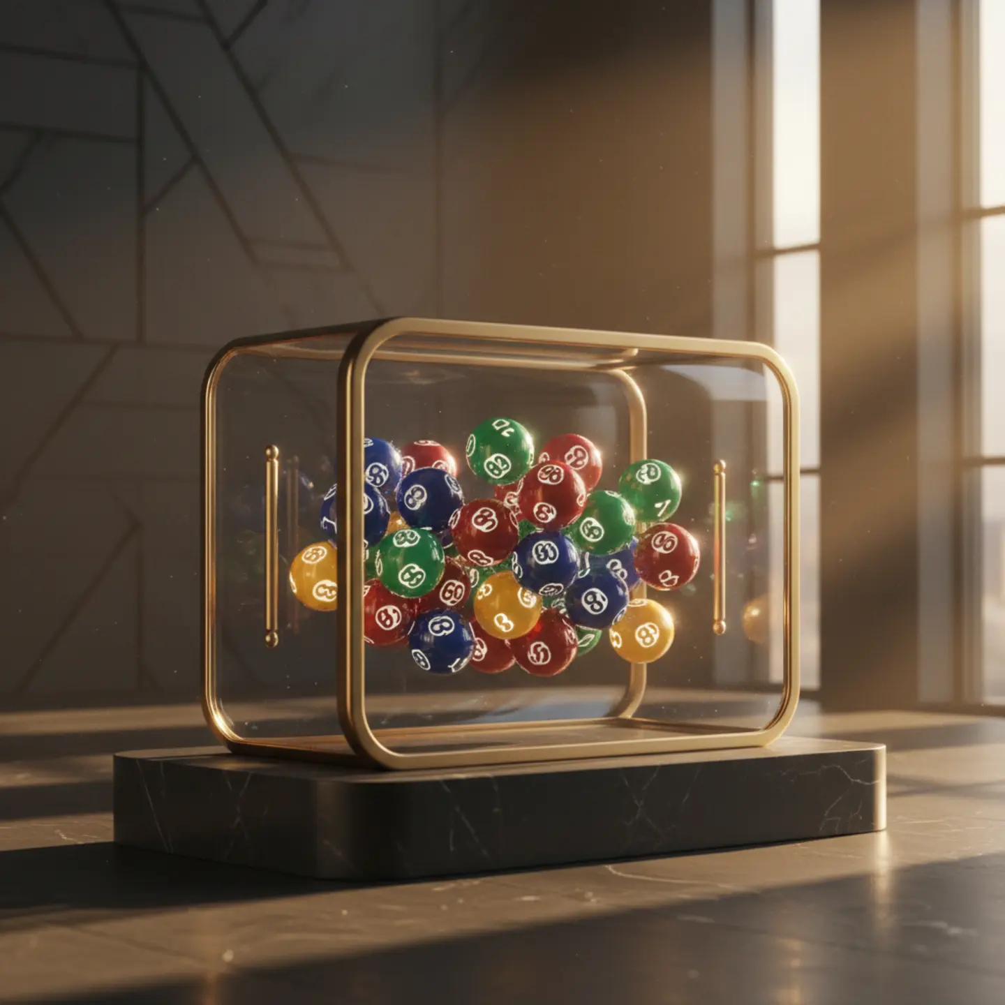 Physical lottery balls secured in a premium glass escrow vault with golden hour lighting